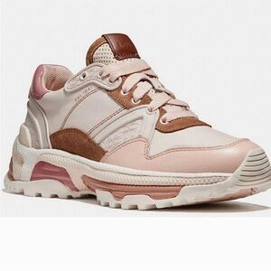 Coach C143 runner walking retro pink white, leather suede lace up sneaker